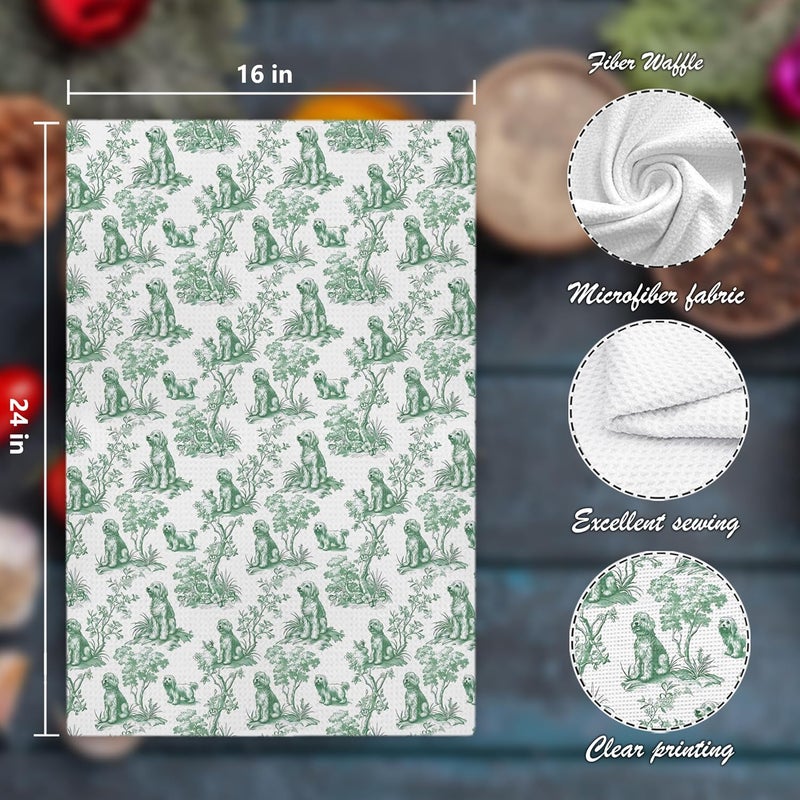 Nipil Chinoiserie Golden Doodle Kitchen Towels, Golden Doodle Gifts Hand Towels for Kitchen Bathroom Decor, Sage Green Botanical Grandmillennial Dog Decorative Dish Tea Towels, 16x24 Inch - Image 2